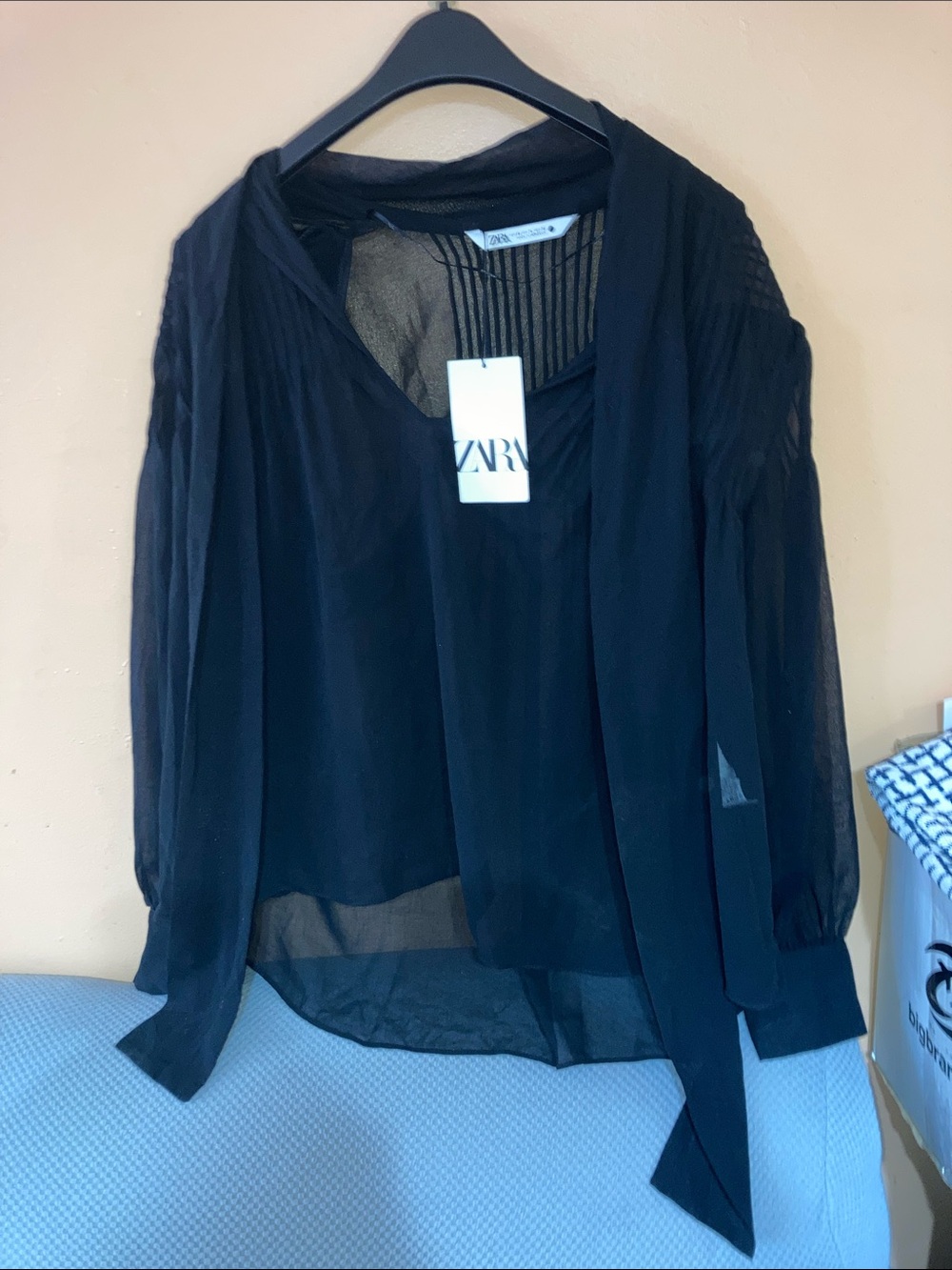 ZARA Black Sheer Tie-Neck Long Sleeve Blouse